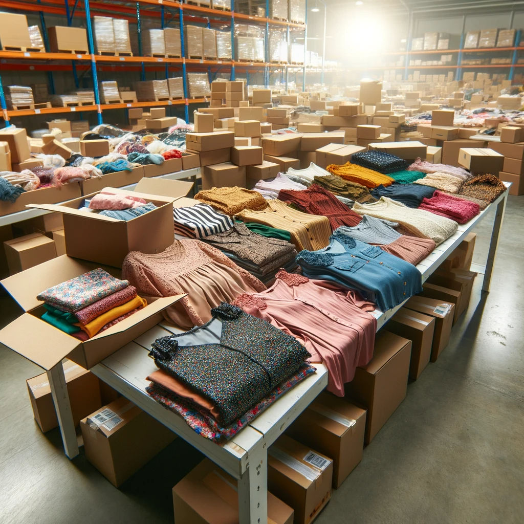 DALL·E 2023-11-13 10.27.16 - An image of womens clothing neatly arranged on a large warehouse table. The table is covered with various items of womens apparel, including dresses