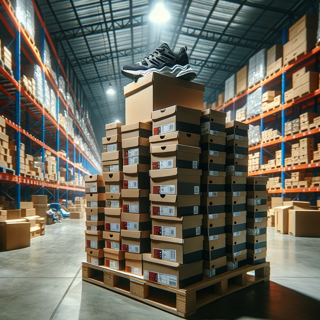 DALL·E 2023-11-13 10.36.44 - An image showing a stack of shoeboxes in a warehouse. The boxes are piled neatly, showcasing various sizes and brand labels. At the top of the stack, 