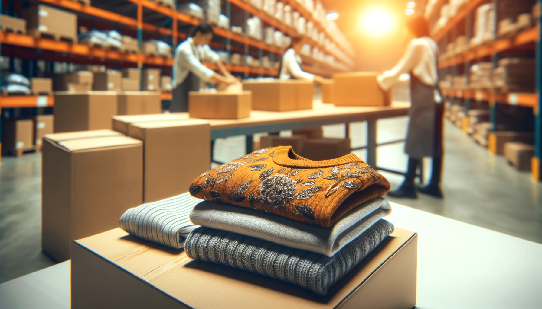 DALL·E 2023-11-16 19.04.03 - A photo-realistic image with a slightly warmer color palette, depicting womens clothing on a warehouse table being packed for shipment. Include one o