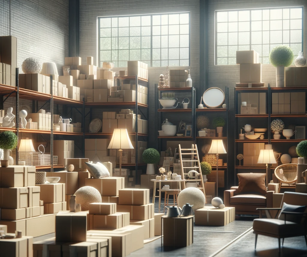 DALL·E 2023-11-17 10.49.34 - Create an image of a warehouse environment for home and garden decor and furnishings. The setting should include boxes, as well as pieces of decor and DALL·E 2023-11-17 10.49.34 - Create an image of a warehouse environment for home and garden decor and furnishings. The setting should include boxes, as well as pieces of decor and