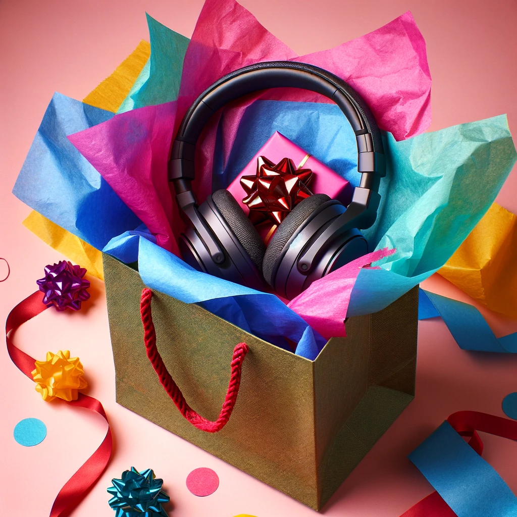 DALL·E 2023-11-17 17.34.29 - Create an image of a gift bag with colorful tissue paper, and a set of headphones visible as if they have been unwrapped moments before. The gift bag 
